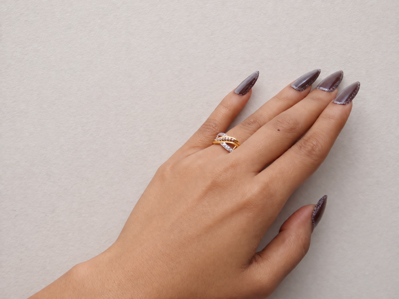Two-Tone Golden CZ Crossover Band Ring – view 2