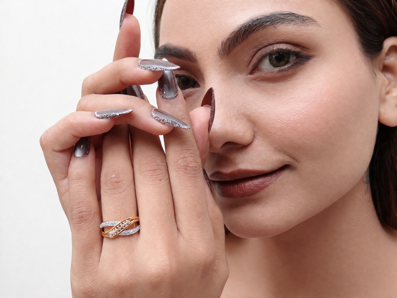 Two-Tone Golden CZ Crossover Band Ring – view 3