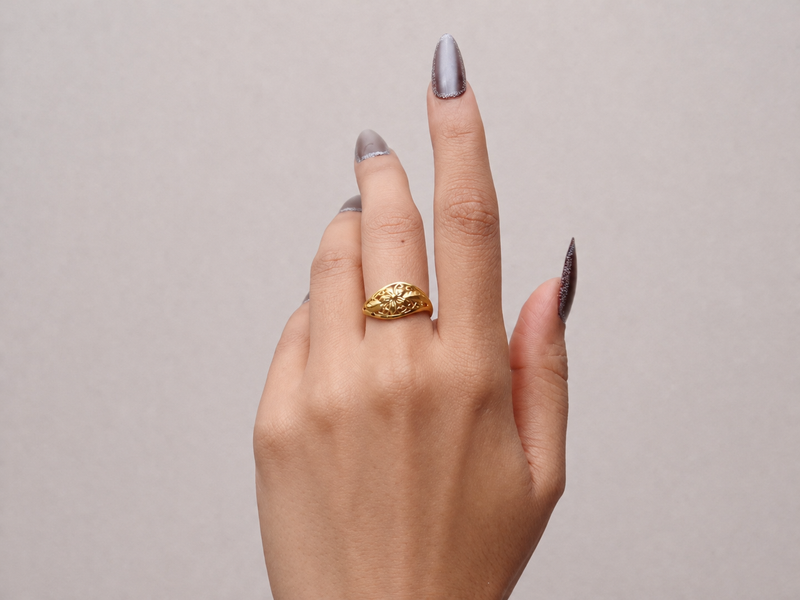 Golden Carved Lotus Dome Ring – view 2