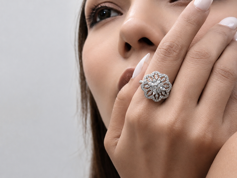 Silver Marquise Petal Flower Cocktail Ring – view 2