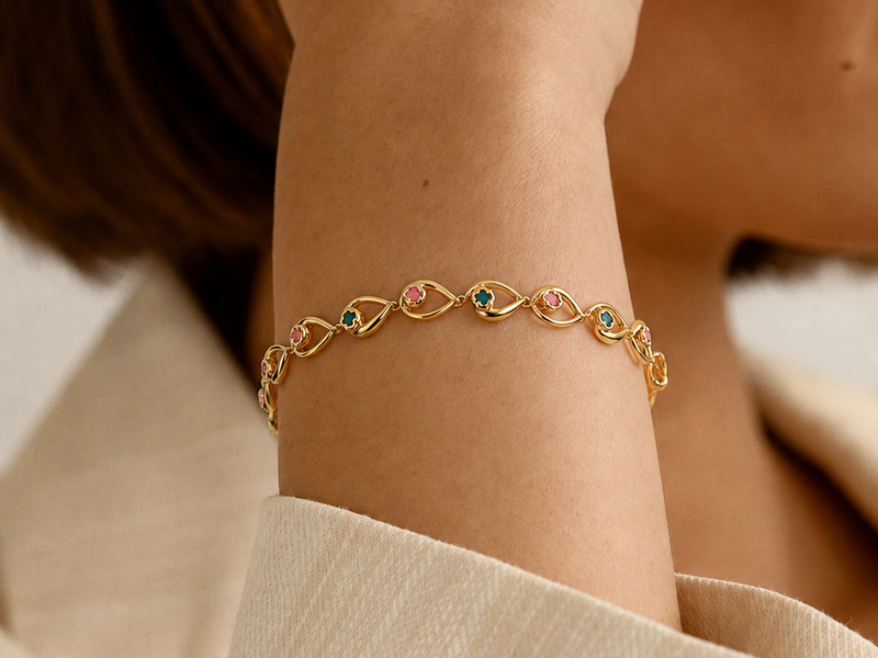 Golden Multicolour Stone Marquise Link Bracelet – view 2