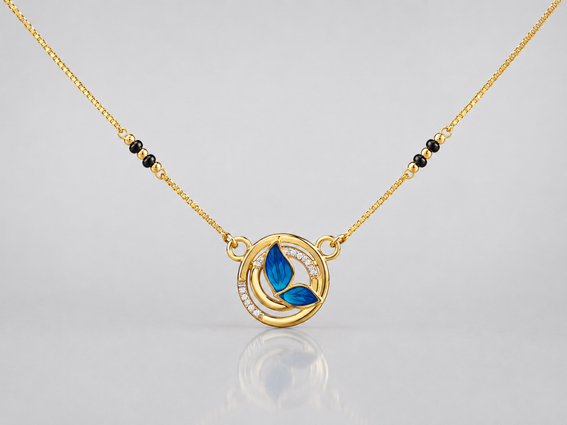 Golden Blue Enamel Butterfly Ring Mangalsutra – view 2