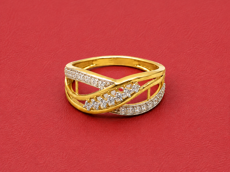 Two-Tone Golden CZ Crossover Band Ring