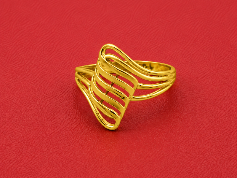 Golden Openwork Ribbed Wave Ring