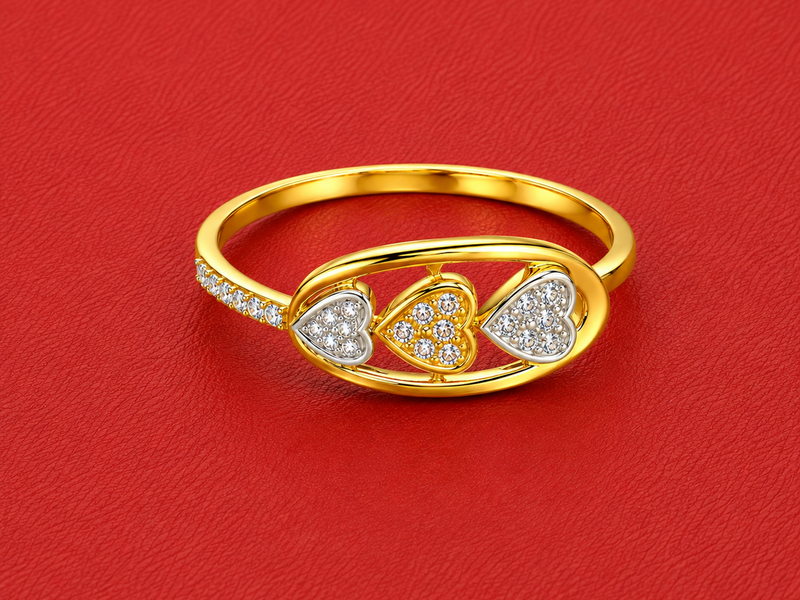 Two-Tone Golden Triple Heart CZ Ring