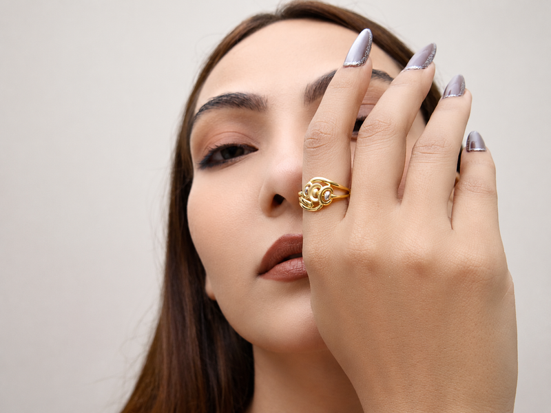 Golden Twin Blue Stone Swirl Ring – view 2