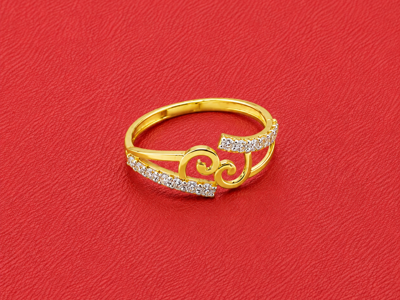 Golden Scroll & CZ Bar Ring