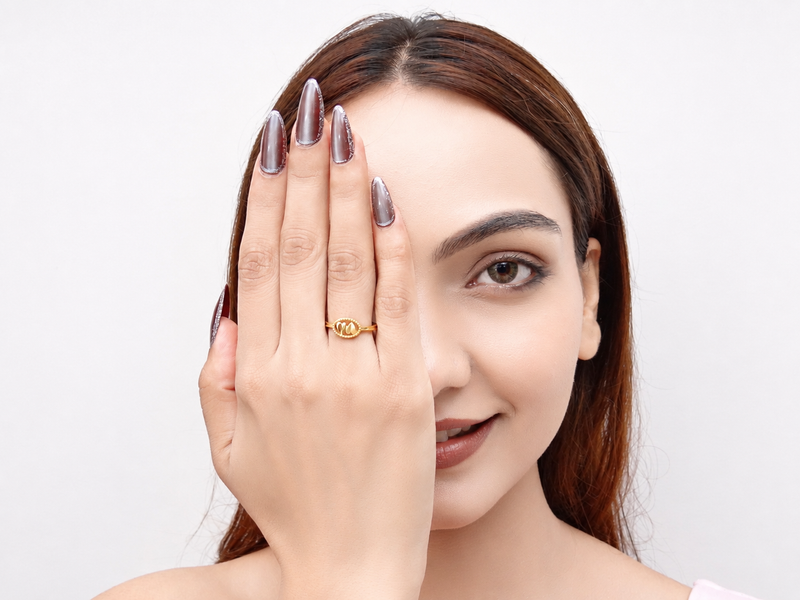 Golden Oval Panel Heart Motif Ring – view 2