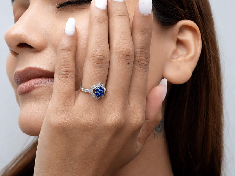 Silver Blue Cluster Flower Pave Frame Ring – view 4
