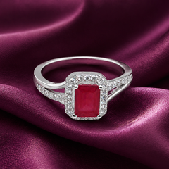 Silver Ruby Emerald-Cut Halo Split-Shank Ring – view 5
