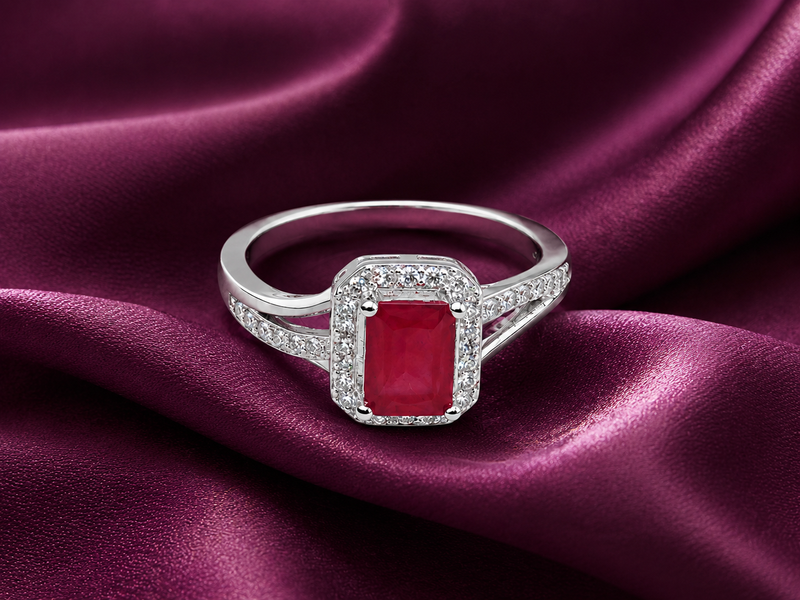 Silver Ruby Emerald-Cut Halo Split-Shank Ring – view 5