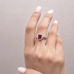 Silver Ruby Emerald-Cut Halo Split-Shank Ring – view 2