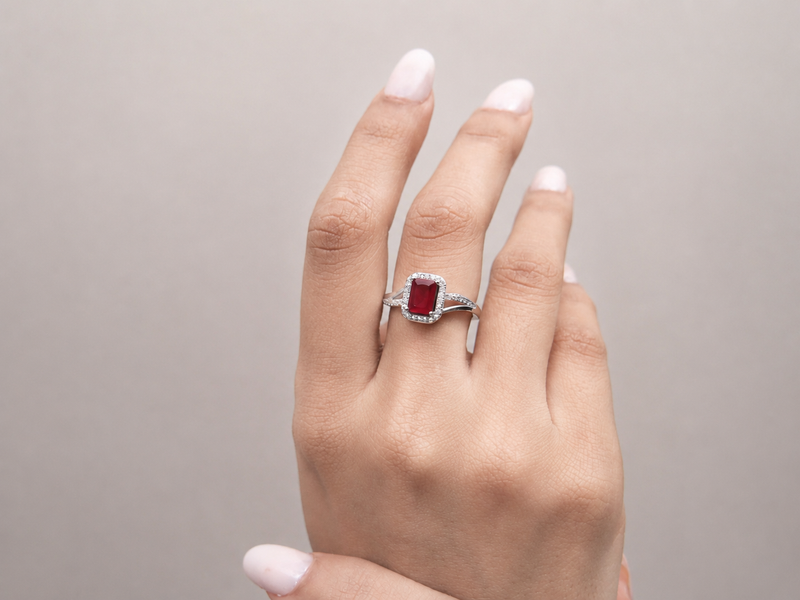 Silver Ruby Emerald-Cut Halo Split-Shank Ring – view 2