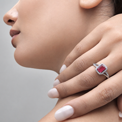Silver Ruby Emerald-Cut Halo Split-Shank Ring – view 4