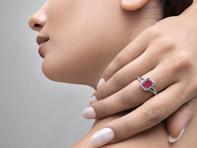 Silver Ruby Emerald-Cut Halo Split-Shank Ring – view 4