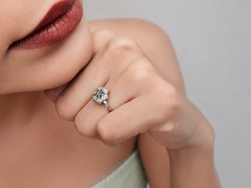 Silver Pave Star Hexagon Panel Ring – view 2