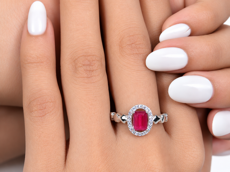 Silver Ruby Emerald-Cut Halo Heart Ring – view 2