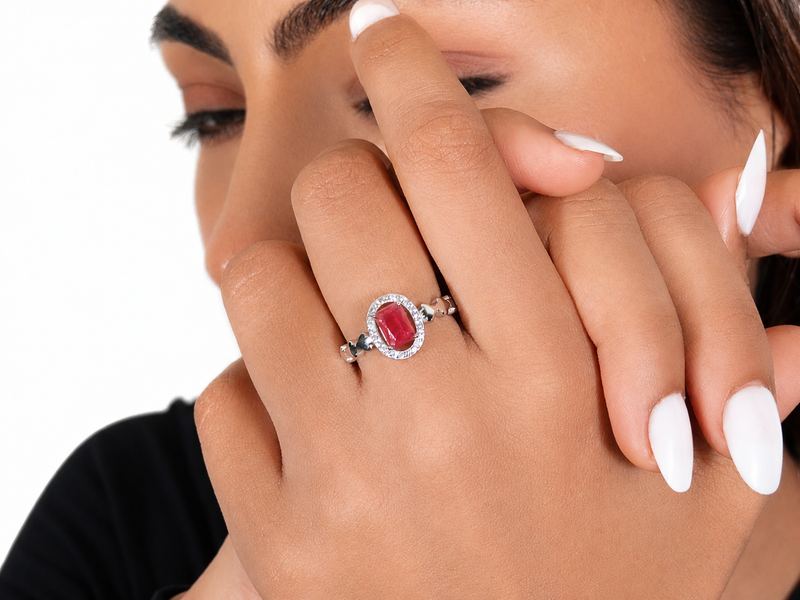 Silver Ruby Emerald-Cut Halo Heart Ring – view 3