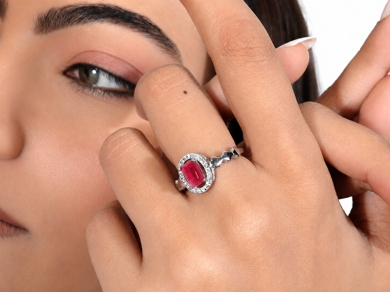 Silver Ruby Emerald-Cut Halo Heart Ring – view 4