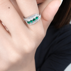 Silver Emerald Four-Stone Pave Wave Ring – view 2