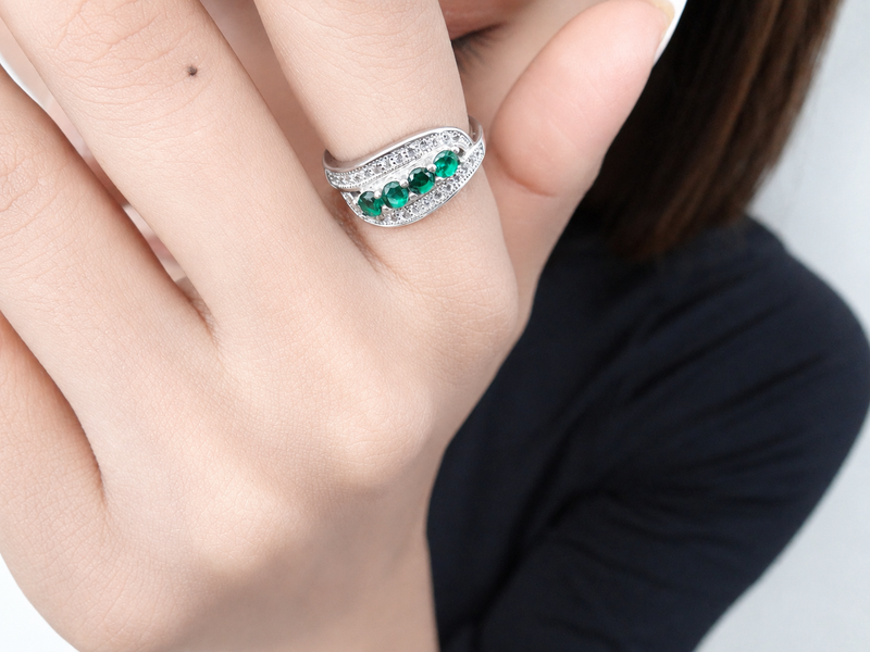 Silver Emerald Four-Stone Pave Wave Ring – view 2