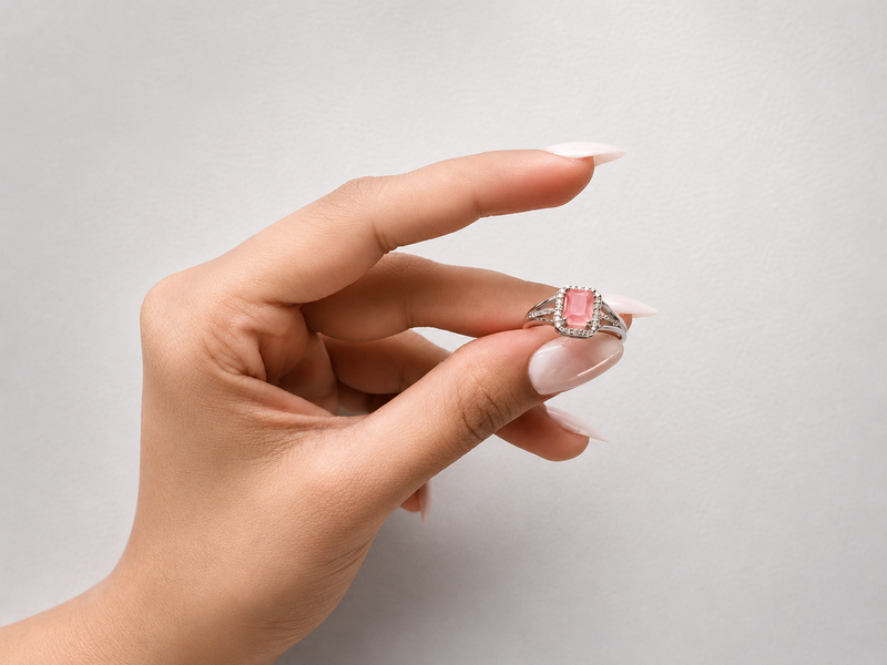 Silver Pink Stone Halo Split-Shank Ring – view 2