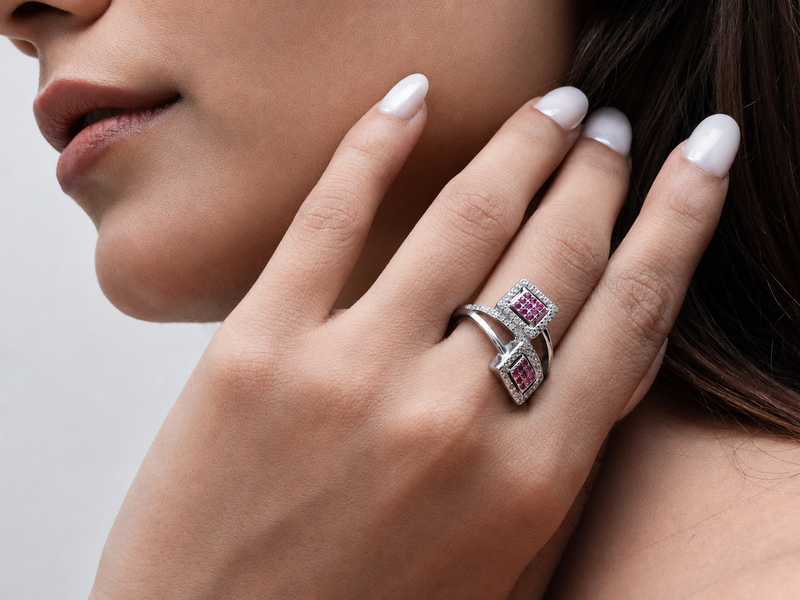 Silver Ruby Square Double Panel Ring – view 2