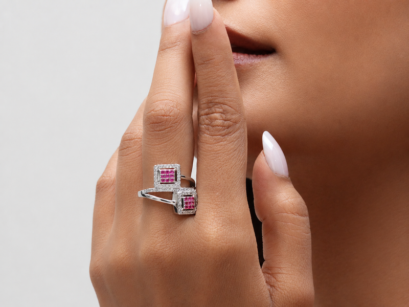 Silver Ruby Square Double Panel Ring – view 3