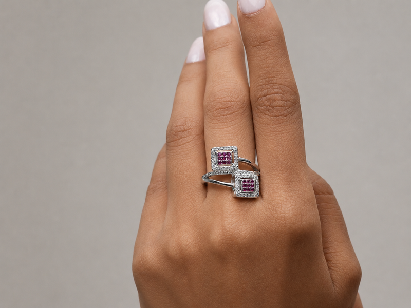 Silver Ruby Square Double Panel Ring – view 4