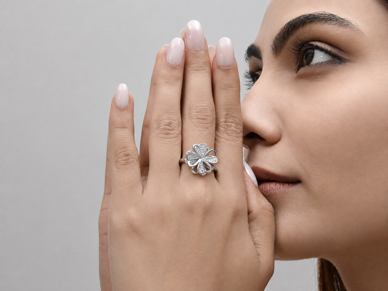 Silver Pave Six-Petal Flower Cocktail Ring – view 4