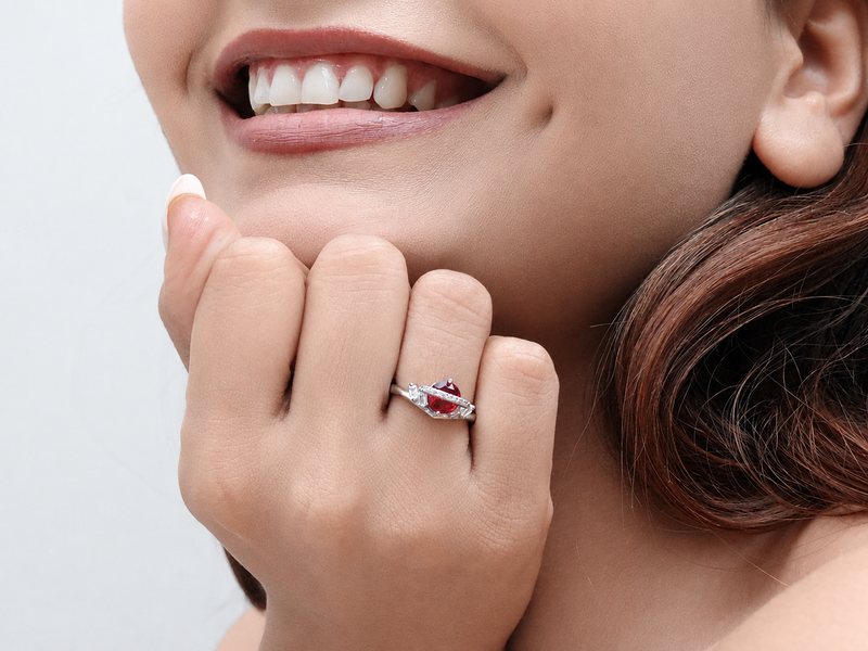 Silver Red Trillion Stone Pave Crescent Ring – view 2