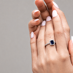 Silver Blue Emerald-Cut Milgrain Halo Ring – view 2