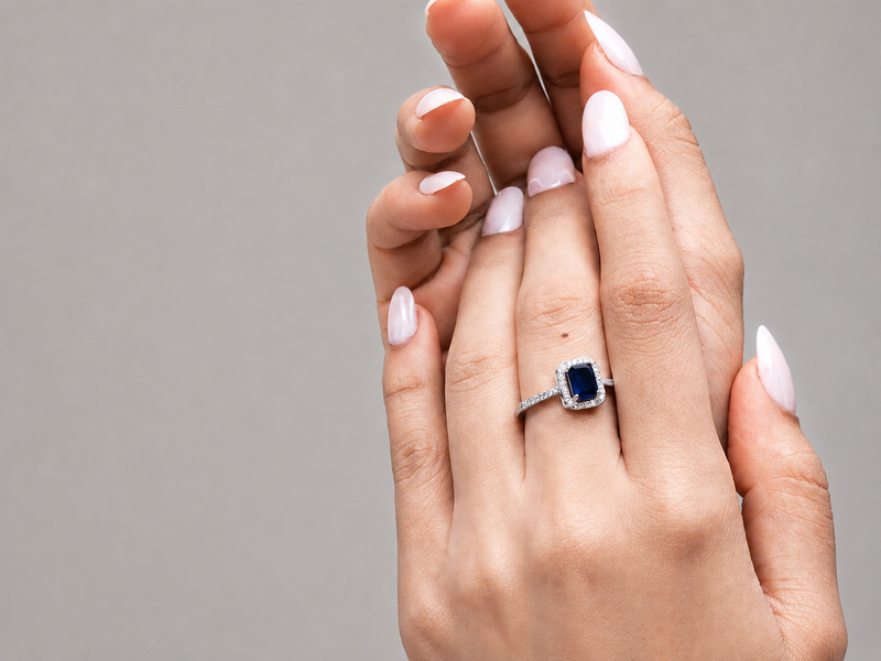 Silver Blue Emerald-Cut Milgrain Halo Ring – view 2