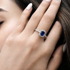 Silver Blue Emerald-Cut Milgrain Halo Ring – view 3