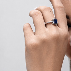 Silver Blue Emerald-Cut Milgrain Halo Ring – view 4