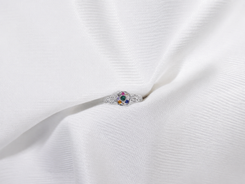 Silver Navratna Hexagon Twist Ring – view 2