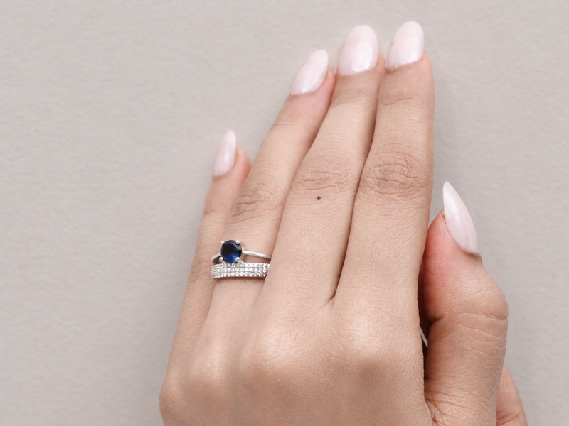 Silver Blue Round Solitaire Wide Pave Ring – view 2