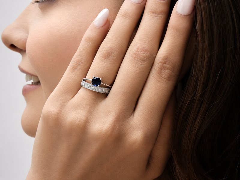 Silver Blue Round Solitaire Wide Pave Ring – view 3