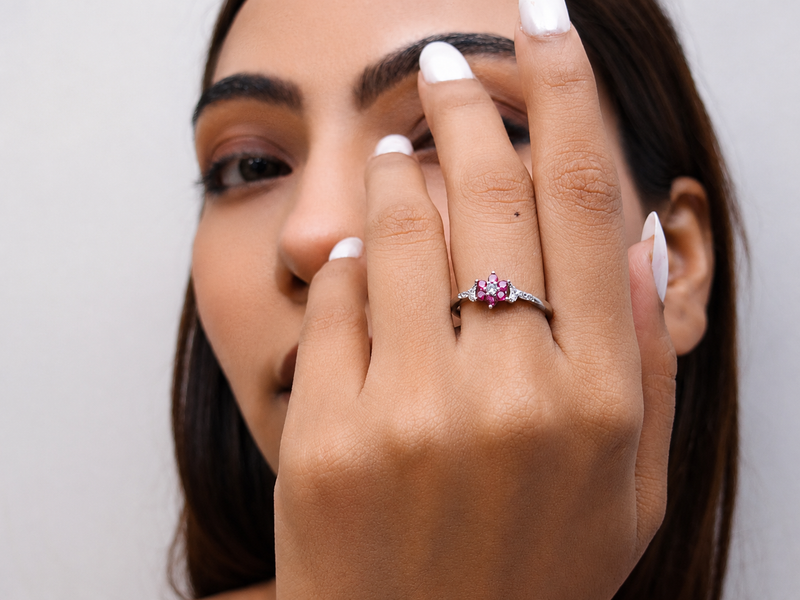 Silver Ruby & CZ Flower Cluster Ring – view 2