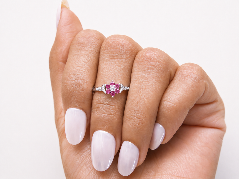 Silver Ruby & CZ Flower Cluster Ring – view 4