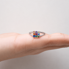 Silver Navratna Square Panel Split-Shank Ring – view 2