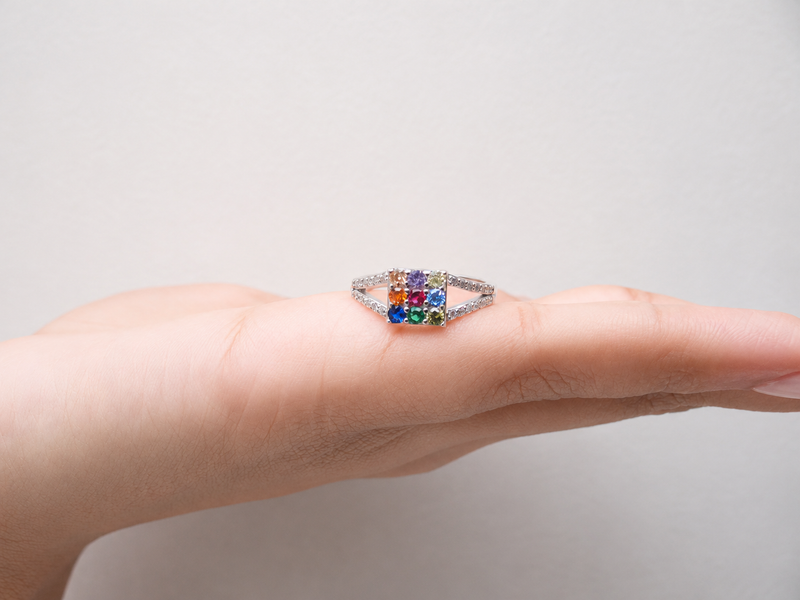 Silver Navratna Square Panel Split-Shank Ring – view 2