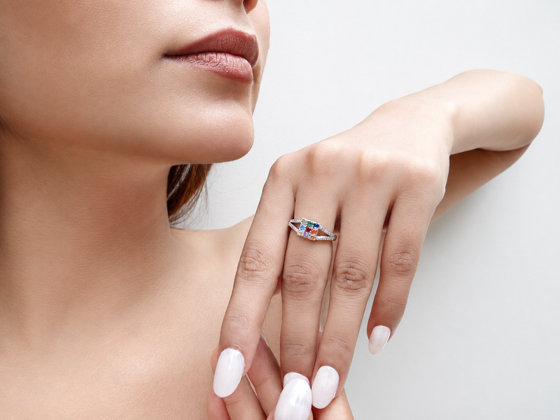 Silver Navratna Square Panel Split-Shank Ring – view 4