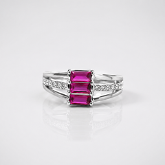 Silver Ruby Baguette Three-Stone Pave Ring – view 5