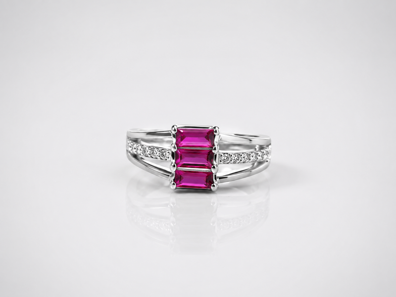 Silver Ruby Baguette Three-Stone Pave Ring – view 5