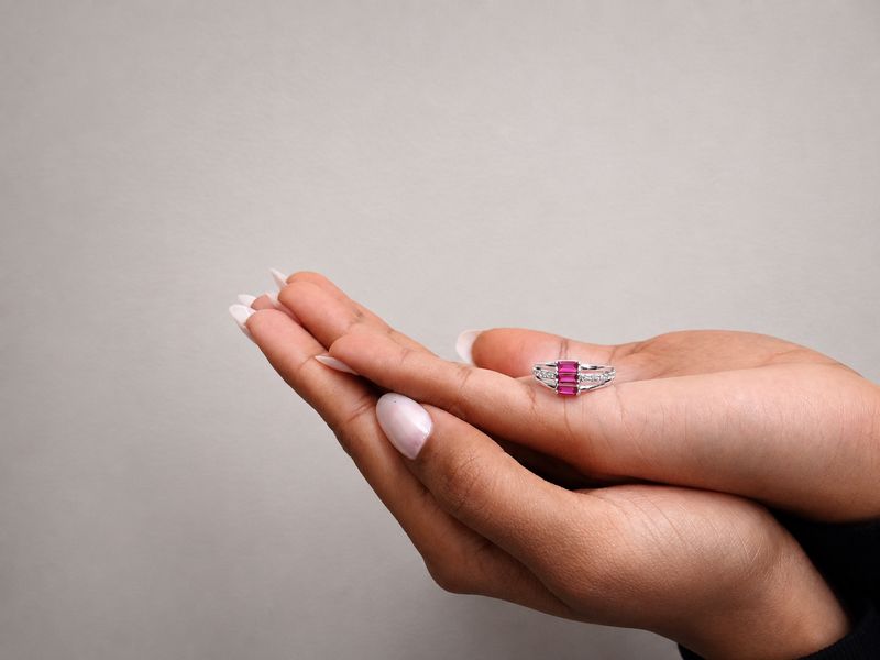 Silver Ruby Baguette Three-Stone Pave Ring – view 3