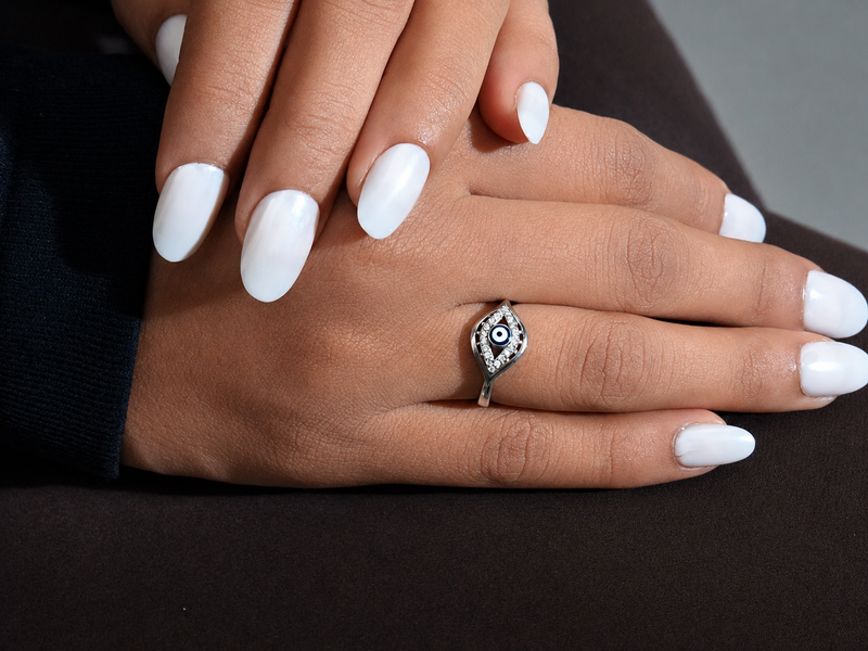 Silver Blue Evil Eye Pave Marquise Ring – view 2