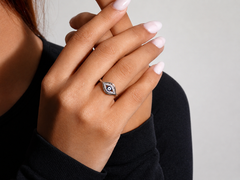 Silver Blue Evil Eye Pave Marquise Ring – view 3