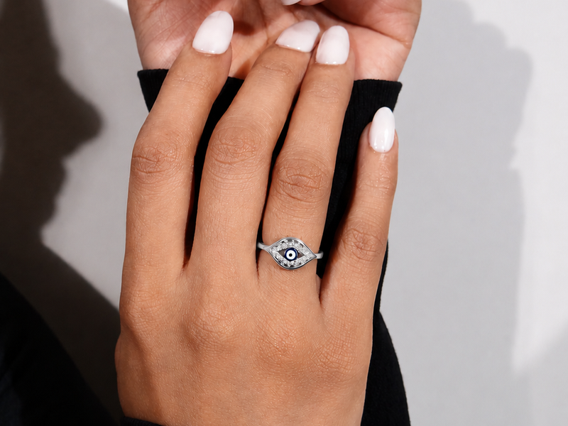 Silver Blue Evil Eye Pave Marquise Ring – view 4