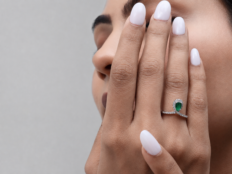 Silver Emerald Pear Halo Pave Ring – view 2
